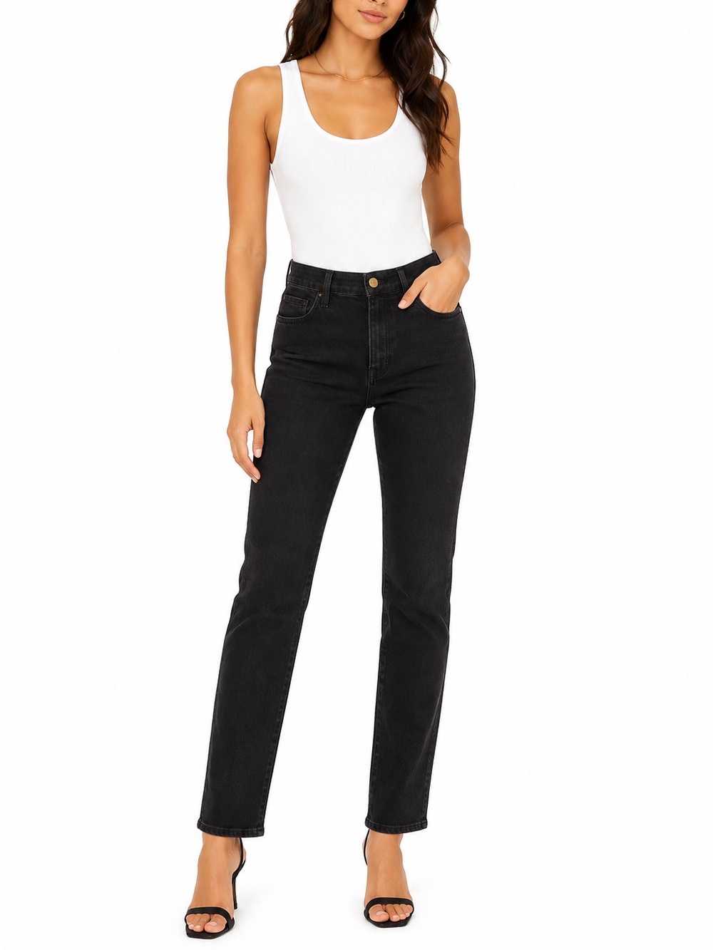 FRAME Le Sylvie Slender Straight Jeans Film Noir Black Stretch Denim Size 28 ✨